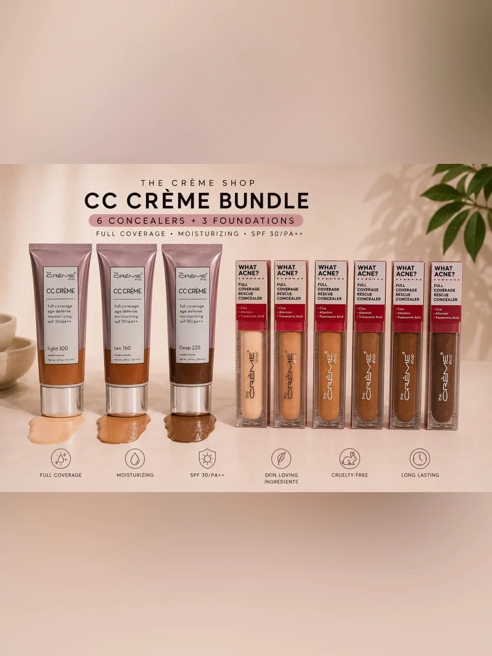 The Crème Shop CC Crème Foundation & What Acne? Concealer Bundle 9 Piece
